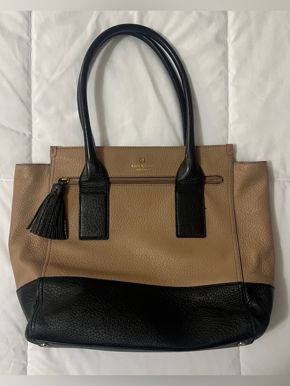 Kate Spade Tan and Black Pebbled Leather Tote Bag with Tassel
